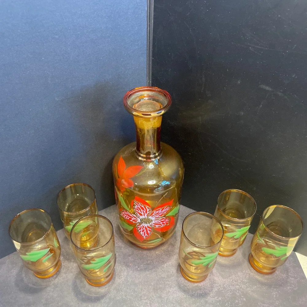 Amber Glass Red Flower‎ Decanter Green Leaf Glasses Vintage Barware Gold Trim